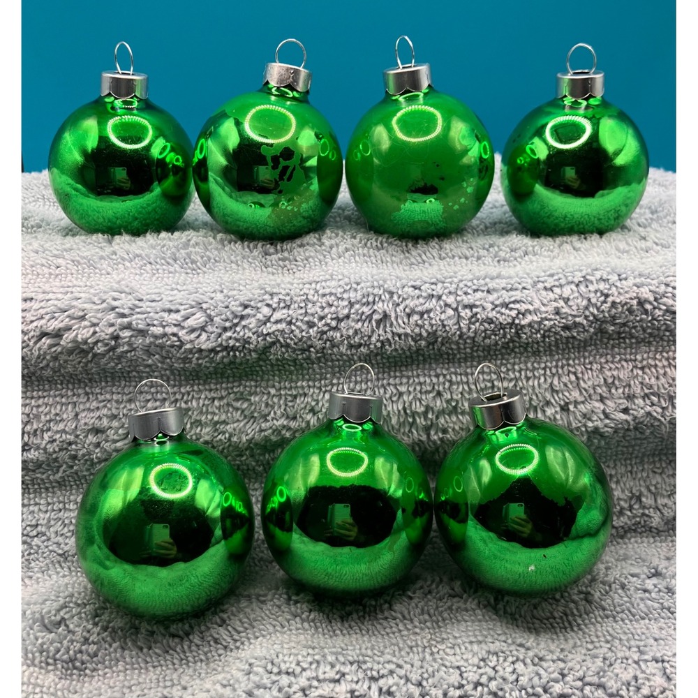 HD Glass Ball Ornaments Small Green Vintage Set of 7 Shiny Round Finish